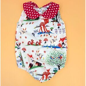 Baby Romper Girl 12-18 M White Deer Fox Satin Outfit Woodland Novelty Print